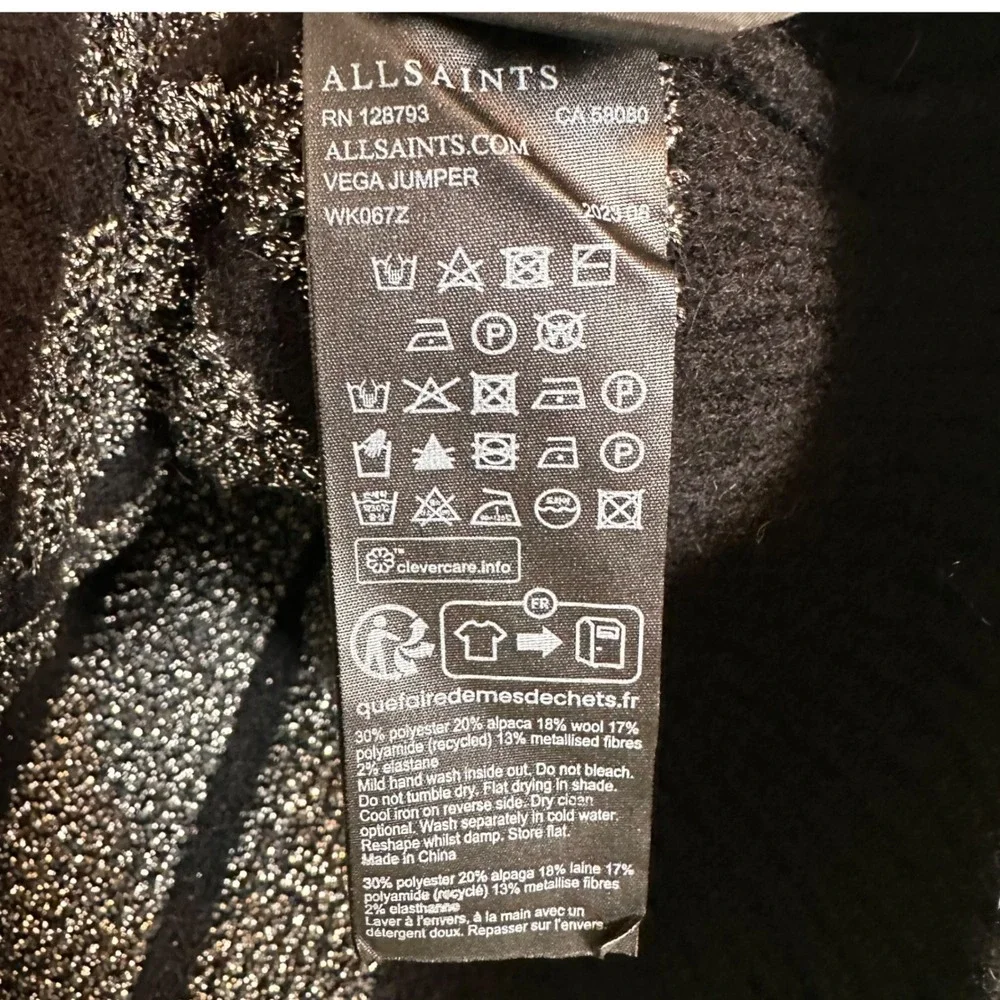 AllSaints Womens Vega Sweater Jumper M Black Alpaca Wool Striped Cropped‎ $248